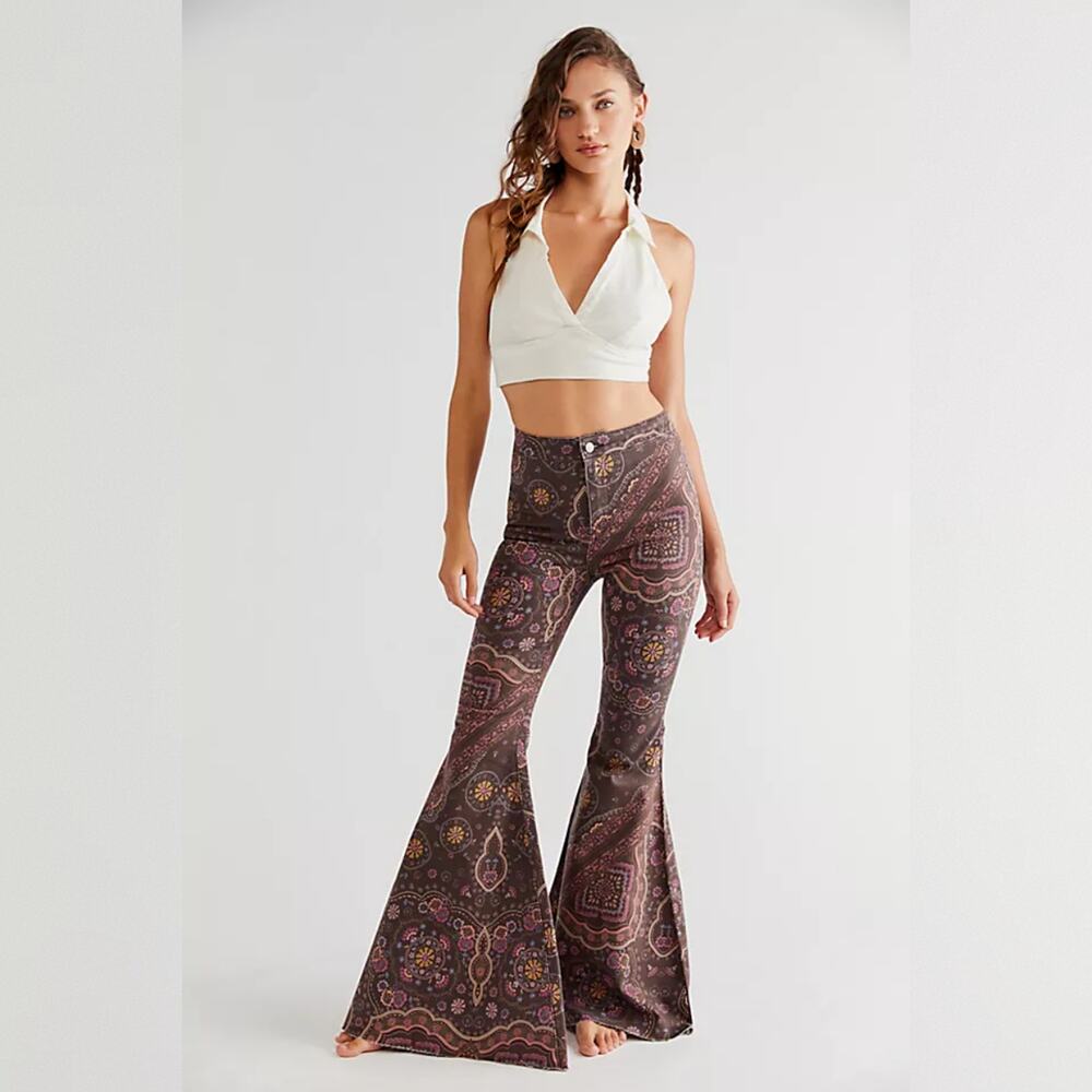 We The Free People Just Float On Printed Flare Jeans - Chocolate Combo - 28 - Picture 2 of 10
